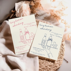 Hand Drawn Baby Shower invitation template, beer milk bottle pacifier, whimsical handwritten editable colors boy, girl, neutral AA059