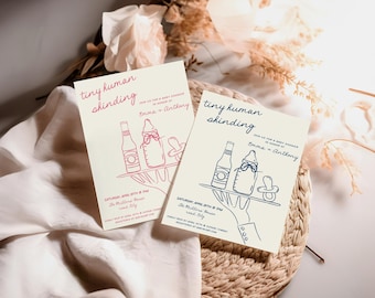 Hand Drawn Baby Shower invitation template, beer milk bottle pacifier, whimsical handwritten editable colors boy, girl, neutral AA059