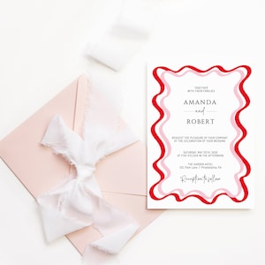 Invito Matrimonio in stile anni 70, rosso e rosa,  partecipazioni di nozze con cornice a onde, template da stampare