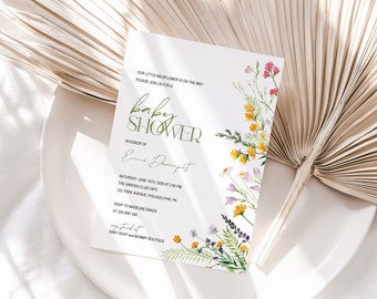 Wildflowers Baby Shower Invitation Printable,  Boho invitation template, Spring Wildflower Baby Shower Invite, Digital Download PDF