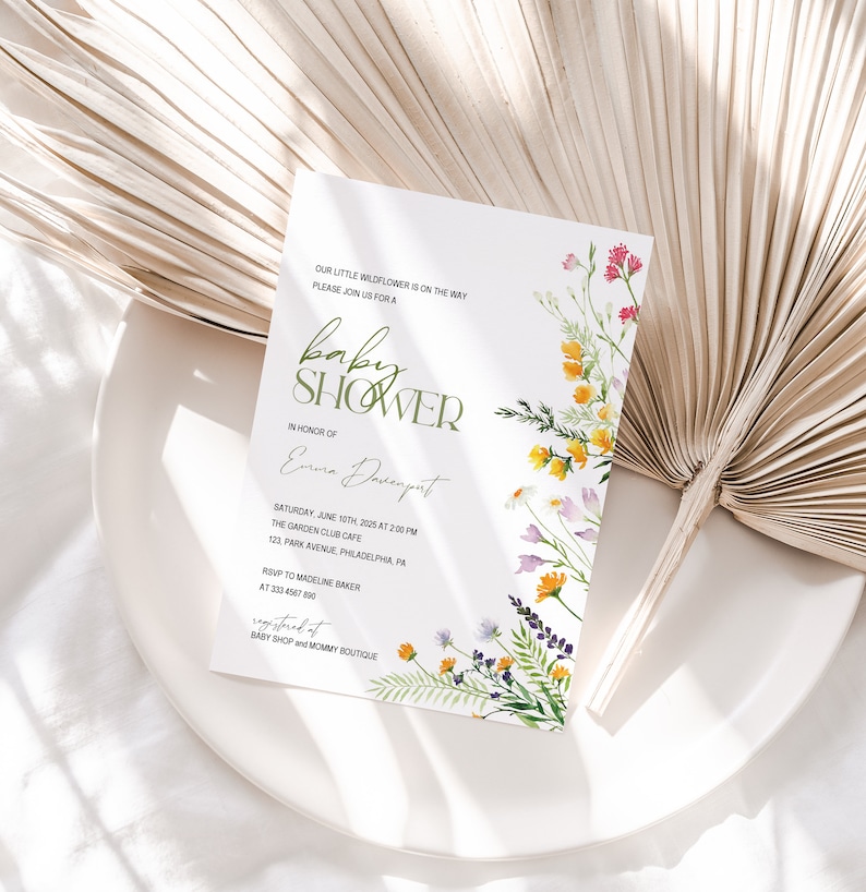 Wildflowers Baby Shower Invitation Printable Boho invitation template Spring Wildflower Baby Shower Invite Digital Download