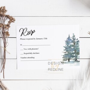 RSVP inserto partecipazioni e inviti da stampare, con alberi di pino, foresta acquerello, testo editabile PDF file digitale