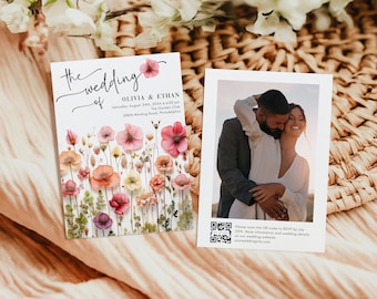 Pastel Pink Wildflowers Wedding invitation template, fresh pressed meadow flowers QR code Photo Invite, garden floral AA072