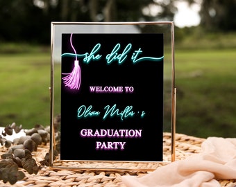 Neon Graduation Party Welcome Sign template, editable Welcome Sign, Grad Party, girly glow fancy script, digital download PDF