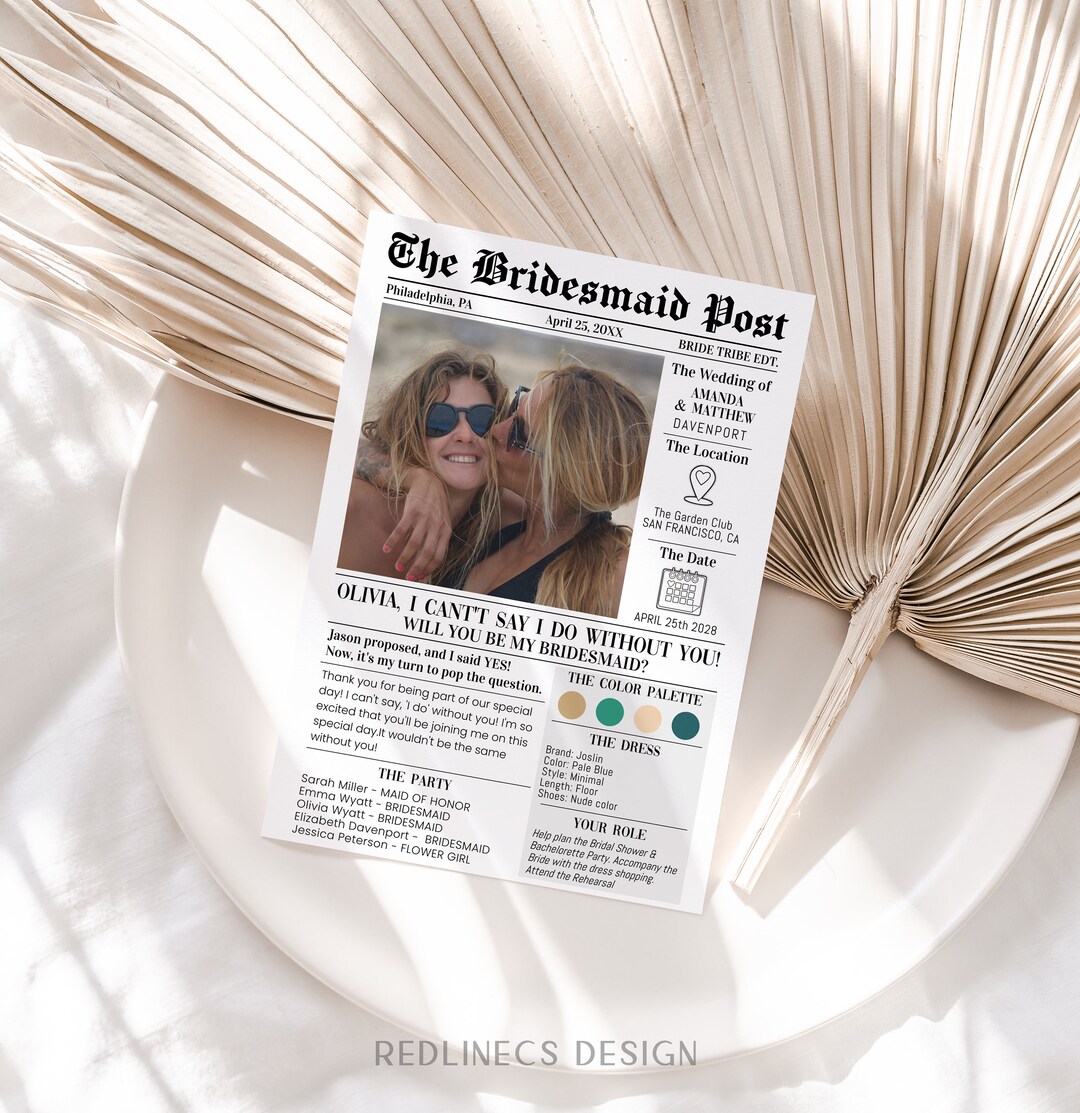 Bridesmaid Proposal Newspaper Template, Bridesmaid Information Card Bridesmaid Proposal Newspaper Template, Bridesmaid Information Card