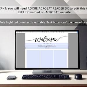 May include: A computer screen displaying a wedding welcome sign template with the text "Welcome to the wedding of Ashley & Michael 10.05.20". The template has three blank boxes for photos.