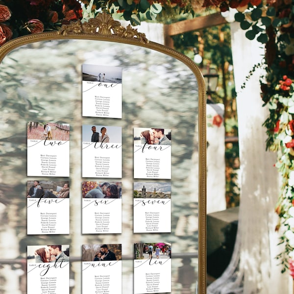 Minimalist Wedding Seating Chart Template, 5x7 cards with custom photo and table number, edit and print