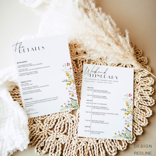 Wedding itinerary template, Wildflowers wedding program, customizable itinerary wedding printable digital