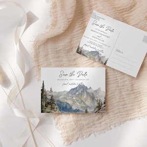 Save the Date Card postcard template, Mountain wedding announcement, watercolor lakeside, forest mountains landscape, editable AA031