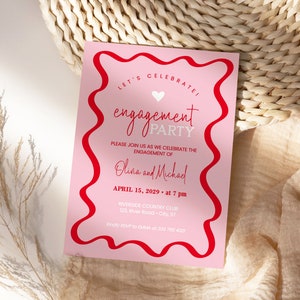 Retro Engagement Party Template, 70s pink and red wavy engagement announcement, editable colors AA06