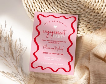 Retro Engagement Party Template, 70s pink and red wavy engagement announcement, editable colors AA06