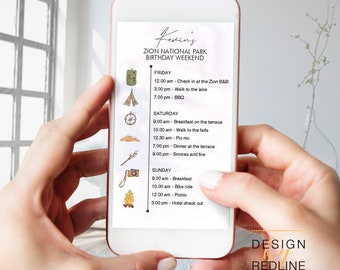 Weekend itinerary illustrated schedule template, mountains, camping, outdoor itinerary digital with icons pdf