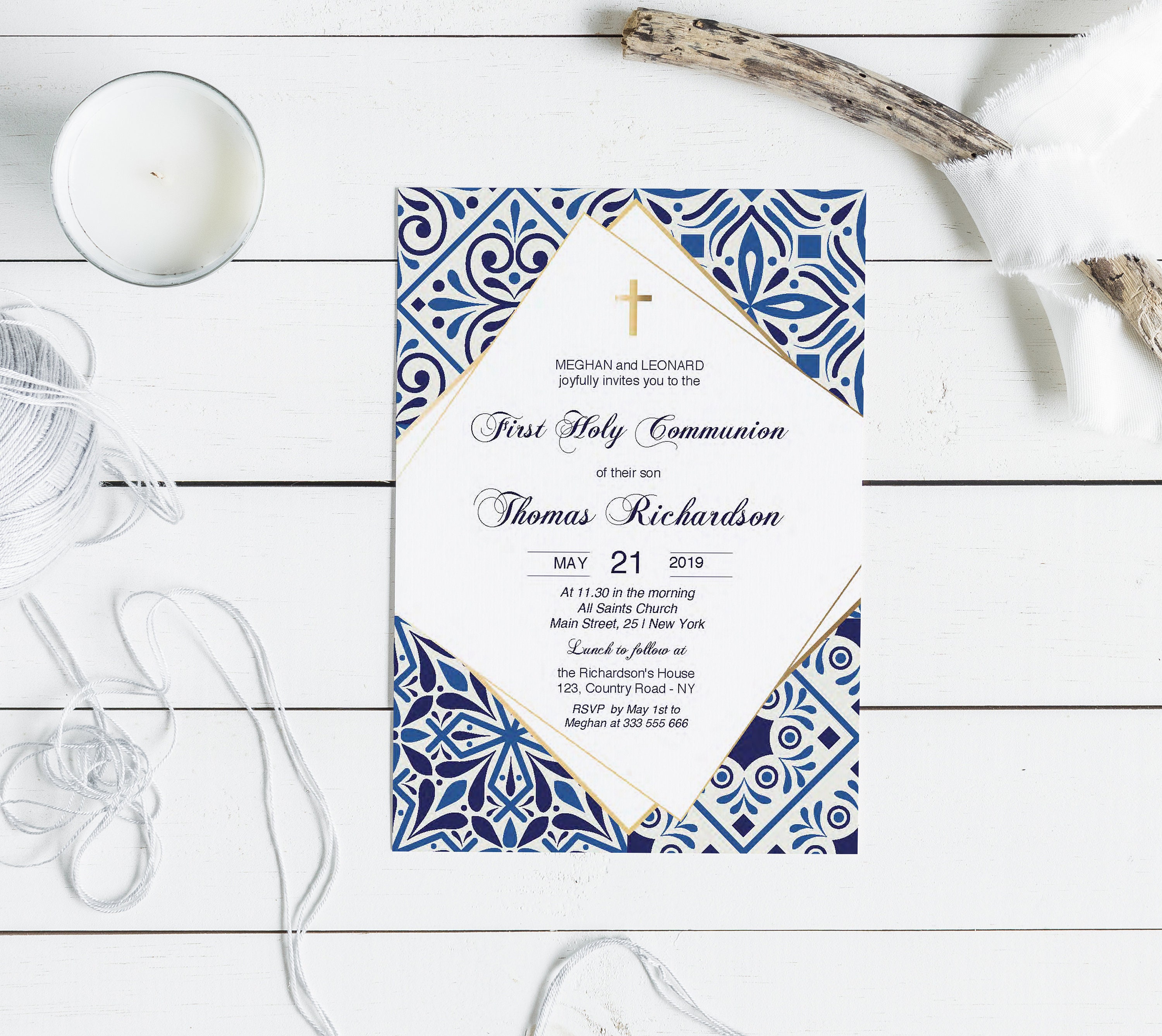 Blue Tile First Communion Invitation template, First Communion Invite printable, INSTANT