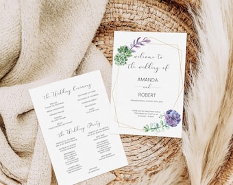 Wedding Program Template, fully editable tempalte, favor ideas for Guests, floral succulents and gold frame
