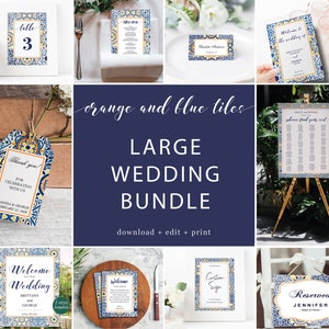 Orange and Blue tiles Wedding Bundle printable, Editable Wedding Templates, Wedding Signage Bundle instant download PDF #PTL