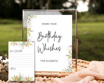 May include: A gold-framed sign and card set with floral accents. The sign reads "Share Your Birthday Wishes For Elizabeth." The card is addressed "Dear Elizabeth" with space for a message. The set is on a woven surface.