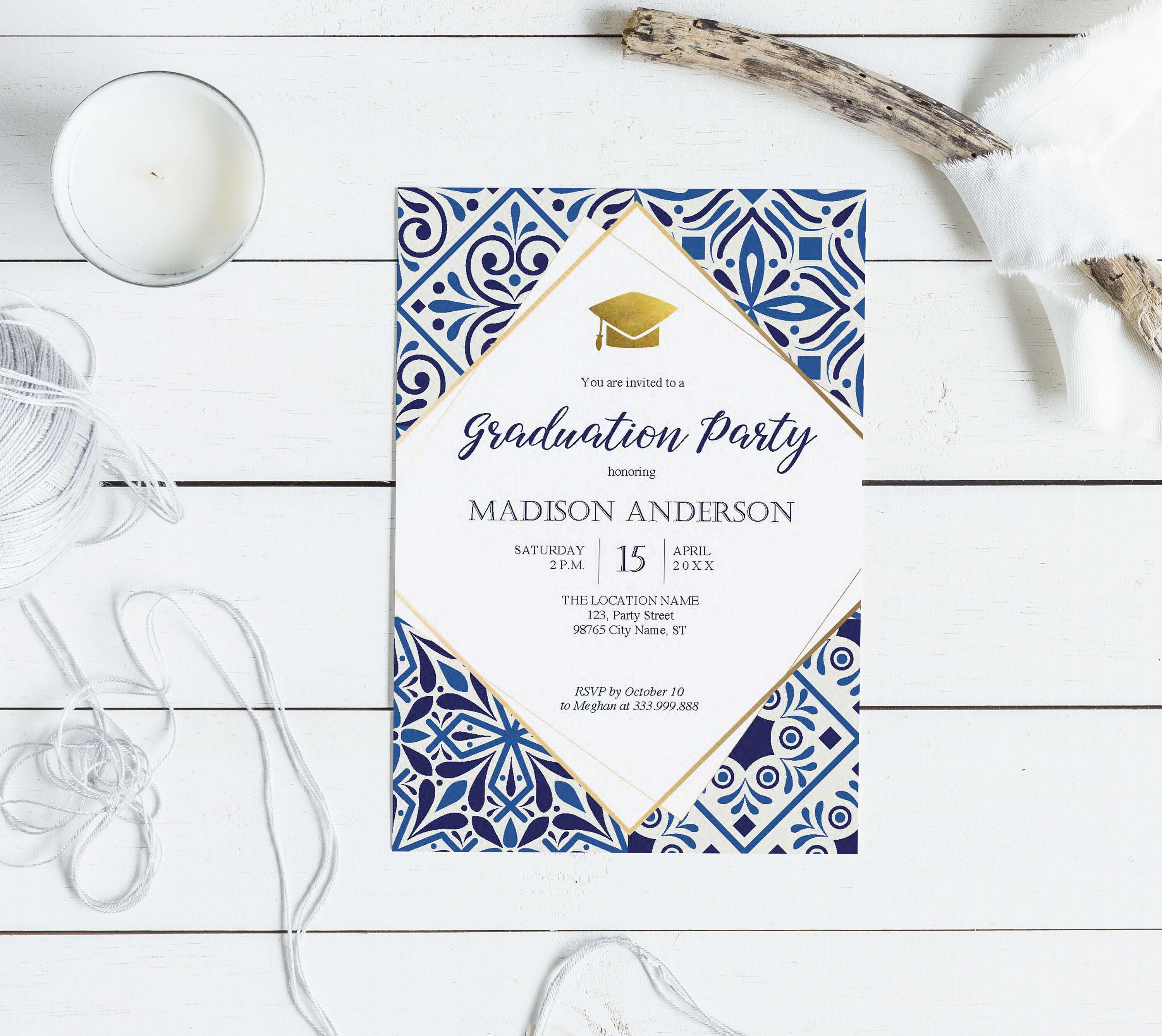 Graduation Party Invitation Printable Blue Tiles Graduation Invitation 