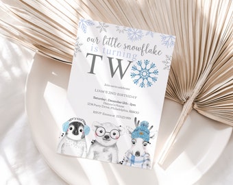 Winter 2nd Birthday Invitation, little snowflake turing 2, baby animals boy birthday party invite, winter wonderland editable template