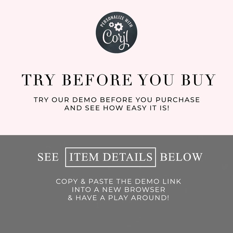 Puede incluir: Un gr&aacute;fico gris y blanco con el texto "TRY BEFORE YOU BUY" y "TRY OUR DEMO BEFORE YOU PURCHASE AND SEE HOW EASY IT IS!"  Debajo del texto hay un rect&aacute;ngulo gris con el texto "SEE ITEM DETAILS BELOW" y "COPY & PASTE THE DEMO LINK INTO A NEW BROWSER & HAVE A PLAY AROUND!"