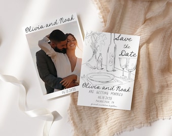 Hand-drawn Save the Date Card template, black and white Minimal Sketch, Quirky French Romantic Dinner Party, wine hand illustrated, AA059
