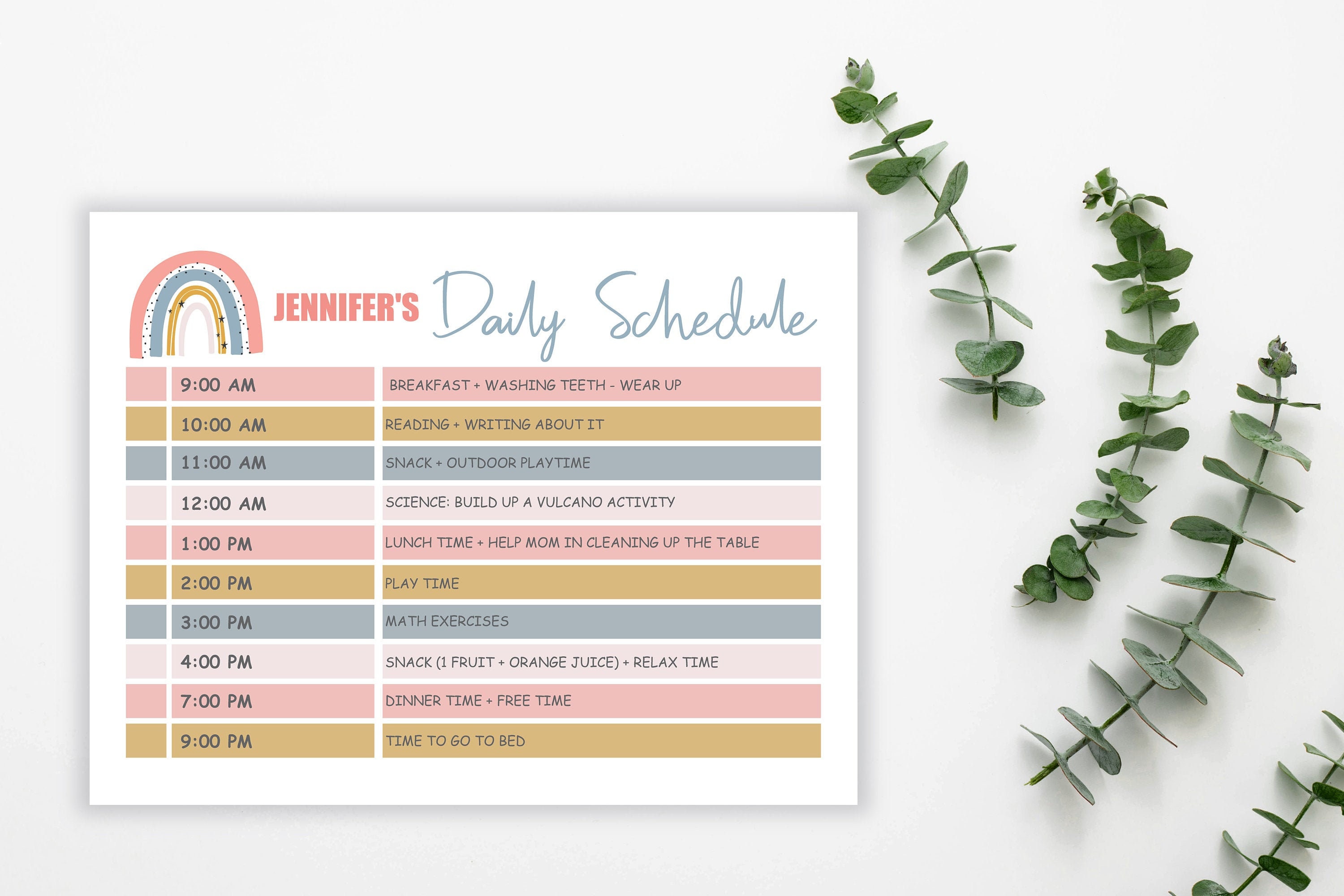 DAILY Schedule template for kids, rainbow, daily routine planner