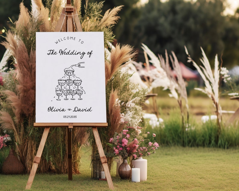 Wedding welcome sign Template, whimsical wedding custom signage, hand drawn scribble illustration, champagne tower AA048 image 3