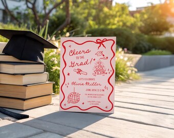 Whimsical Graduation Invitation Template, doodle Graduation Announcement, Cheers to the Grad Party, Hand Drawn bow Graduation aa111