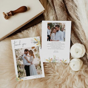 Wedding Thank you Card template, double sided wildflowers thank you card, Modern Wedding Photo Thank You Card