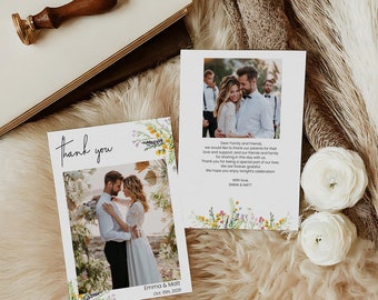 Ringraziamenti biglietto sposi con fotografia e messaggio sul retro, matrimonio minimalista boho, template editabile d stampare