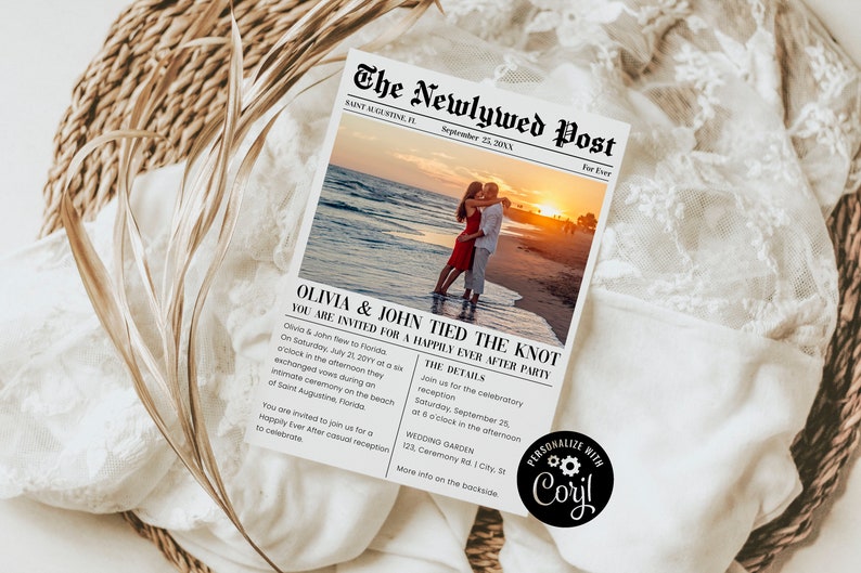 Newspaper Elopement Announcement Template, Unique Wedding Announcement with Photo, Eloped, Just Married, News Editable Corjl Design image 2