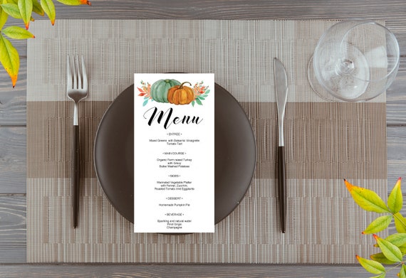 Thanksgiving Menu Template, Autumn Fall Dinner Menu Printable, Thanksgiving Table Decor, Thanksgiving Decorations Pumpins, PDF editable #PMK
