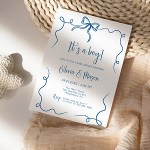 Invito Baby Shower con fiocco blu disegnato a mano, template da editare e stampare bt01