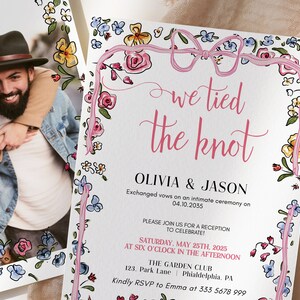 May include: A floral wedding invitation with a pink ribbon tied in a bow. The invitation reads "We tied the knot" with the couple's names, Olivia & Jason, and the date of their wedding ceremony, 04.10.2055. The invitation also includes details about the reception, which will be held on 25th May 2025, at The Garden Club in Philadelphia, PA.