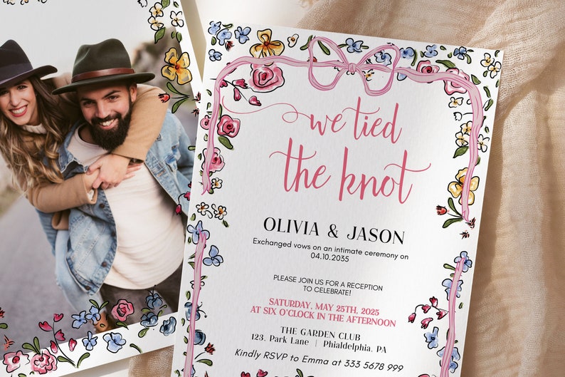 May include: A floral wedding invitation with a pink ribbon tied in a bow. The invitation reads "We tied the knot" with the couple's names, Olivia & Jason, and the date of their wedding ceremony, 04.10.2055. The invitation also includes details about the reception, which will be held on 25th May 2025, at The Garden Club in Philadelphia, PA.