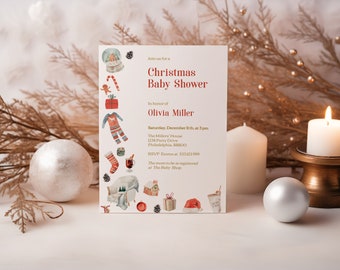 May include: A Christmas baby shower invitation with a red and white color scheme. The invitation features a watercolor illustration of a snow globe, a gingerbread man, a stocking, a mug of hot cocoa, a cozy armchair, a Christmas tree, and a Santa hat. The text on the invitation reads "Join us for a Christmas Baby Shower in honor of Olivia Miller. Saturday, December 11th at 3 pm. The Millers' House 1234 Party Drive Philadelphia, 88800. RSVP Emma at 333123999. The mom to be is registered at The Baby Shop."