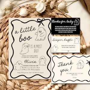 Halloween Baby Shower Invitation bundle, hand drawn quirky scribble ghost illustration, a little boo is almost due invite set AA085