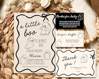 Halloween Baby Shower Invitation bundle, hand drawn quirky scribble ghost illustration, a little boo is almost due invite set AA085
