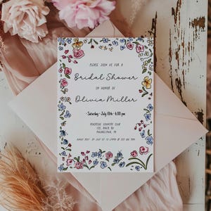 Floral Bridal Shower Invitation template,hand drawn Bridal Shower card template, spring summer wildflowers editable and printable AA069