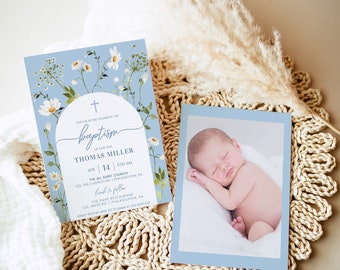 May include: Two baptism announcements. One is a light blue card with floral and cross design, the text reads "Join us as we celebrate the baptism of our son Thomas Miller". The other is a photo of a sleeping baby with a light blue border.