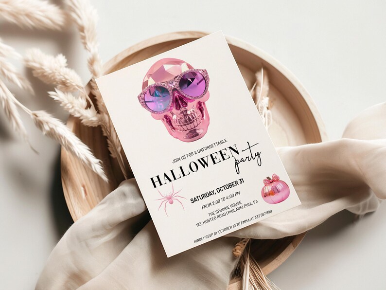 May include: Pink skull with sunglasses Halloween party invitation. Join us for an unforgettable Halloween party on Saturday, 31 October from 2:00 to 4:00 PM at The Spookie House, 123 Haunted Road, Philadelphia, PA. Kindly RSVP by 10 October to Emma at 333 567 890.