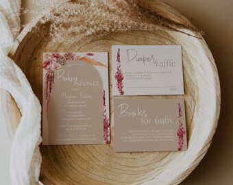 Terracotta Baby Shower Invitation Printable, Boho Arch Baby Shower invitation template suite, Desert Pampas bohemian DIY