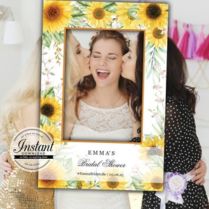 Cornice per personalizzare le fotografie della tua festa con bellissimi girasoli acquerello, testo editabile, da stampare, PDF