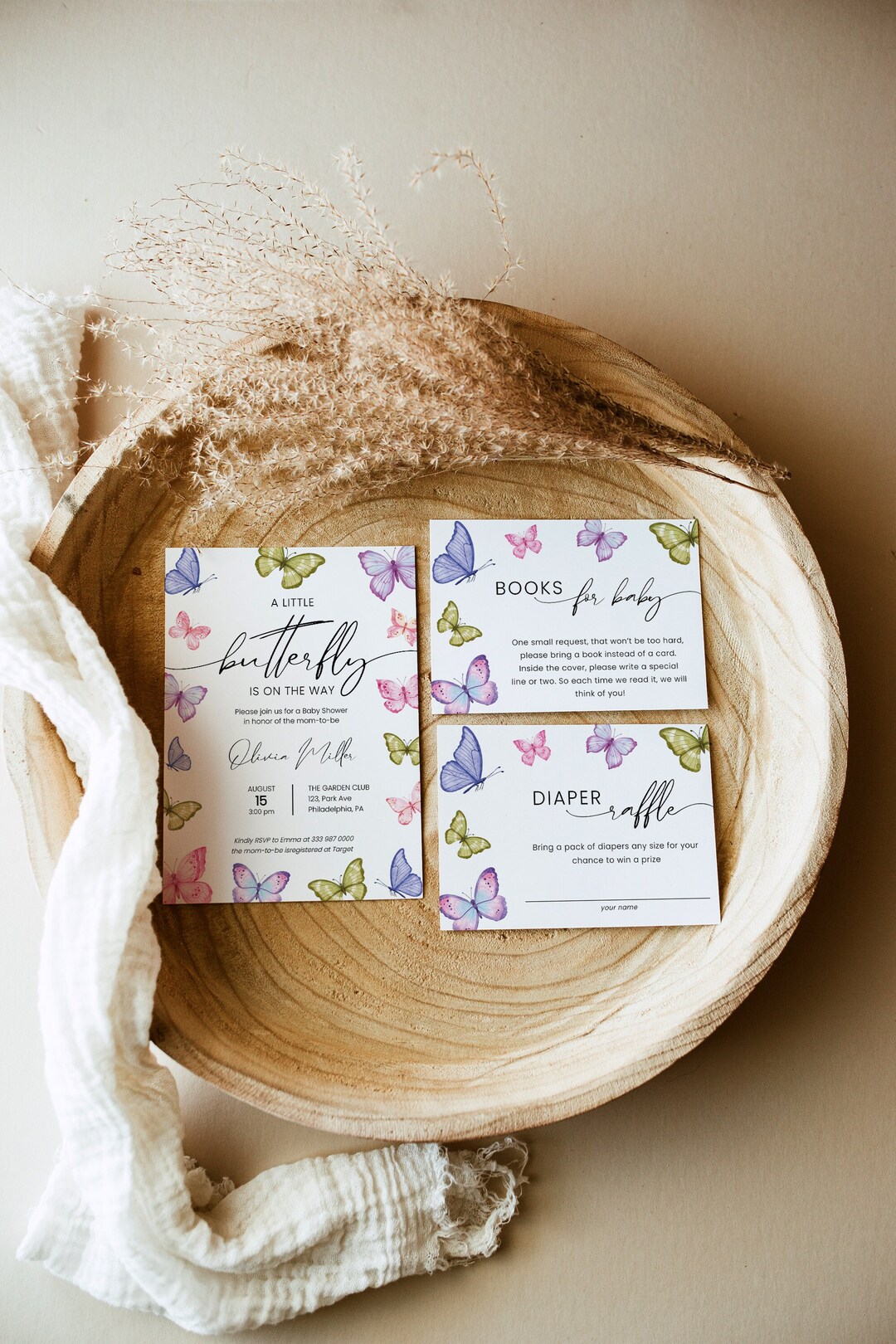 Boho Butterfly Baby Shower Invitation Set Template, Neutral Colorful ...