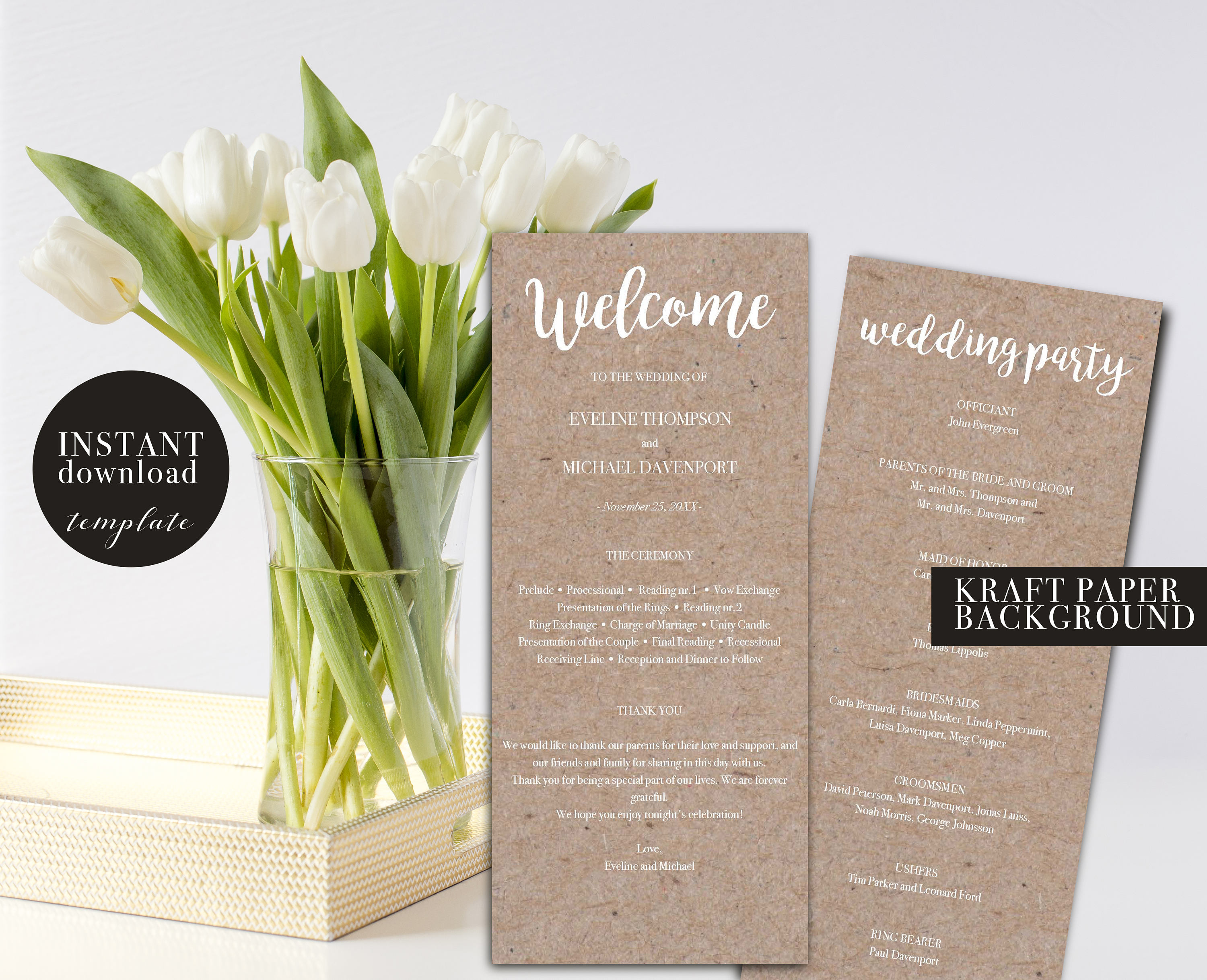 Rustic Kraft Wedding Program Template Instant Download