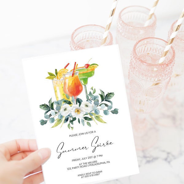 Elegant Summer Soiree invitation printable,  Drinks Cocktail Party Floral invite, template digital file