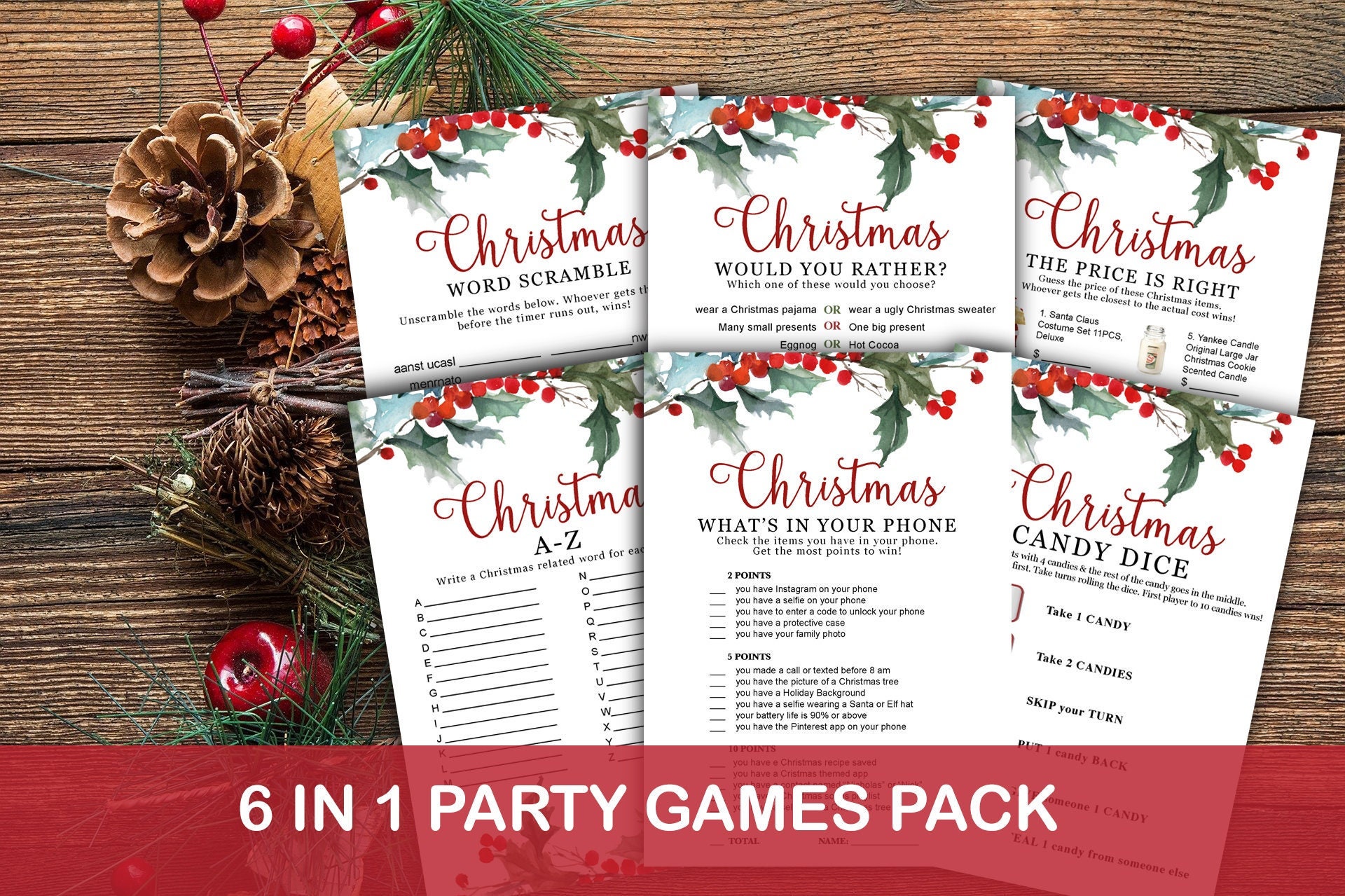Holiday Games bundle, Christmas Party games 6 in 1 pack, Christmas Day