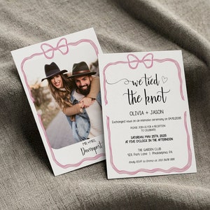 Invito matrimonio elegante con fiocco disegnato a mano, colori editabili, template da stampare, fotografia sul retro, stile coquette  AA059