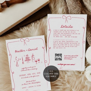 Invito Matrimonio disegnato a mano, colorato e di tendenza, partecipazioni di nozze template da stampare con fiocco disegnato a mano AA045