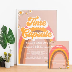 Groovy Time Capsule firma tarjetas de mensajes imprimibles y coincidentes, texto editable retro de los años 70 imprimible, plantilla PDF de hippies flower power,