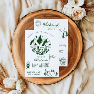 Camp bachelorette weekend invitation and itinerary. Handwritten style with hand drawn illustrations. Fully editable, instant download template. You can text or email it.